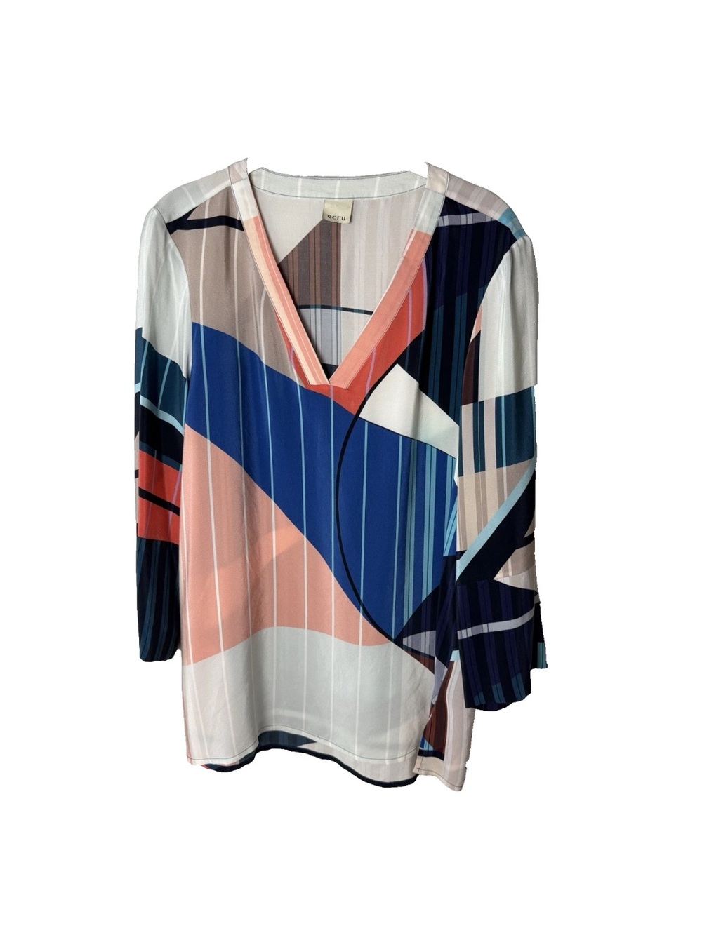 Ecru Silk Tunic Top Size Medium V-Neck 3/4 Sleeves Modern Geometric Print Blouse